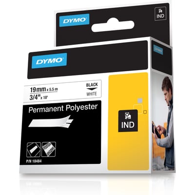 Emballage med DYMO RhinoPRO permanent polyestertape, 19 mm bred og 5,5 meter lang, med sort tekst på hvid tape.