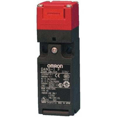 Omron D4NS-1BF sikkerhedslåsemekanisme med 2 NC kontakter, 10A strømstyrke og PG13.5 ledningsindgang på sort baggrund.