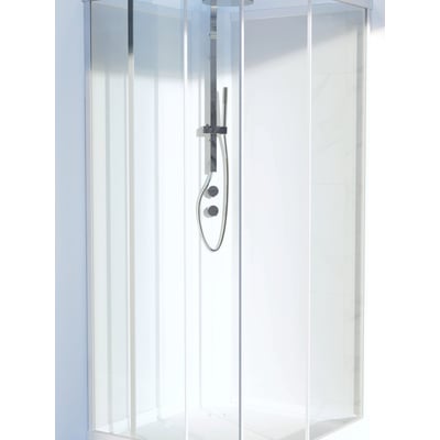 Svedbergs Ritual-panel til brusekabine i hvid aluminium, vist monteret bag brusearmaturet i en glasbrusekabine.