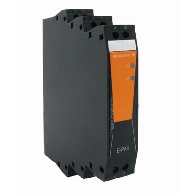 Weidmüller signalomformer og isolator med 0–20 mA indgang og 4–20 mA udgang, vist med orange front og mørkt hus.