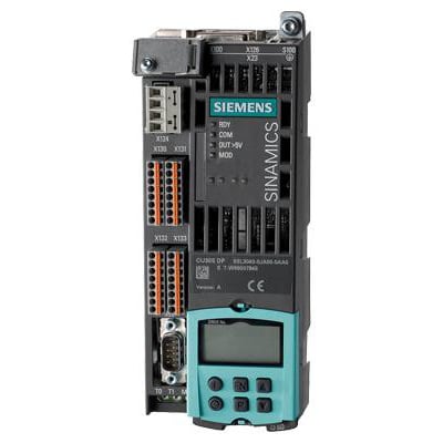 Siemens Sinamics S110 styreenhed CU305 med Profibus interface og integreret betjeningspanel med LCD-skærm og knapper.