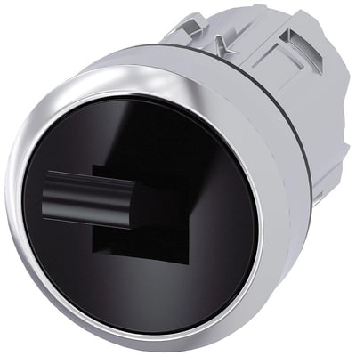 Siemens Sirius ACT omskifter med 22mm diameter, højglans sort metal front og tydelig I/O markering. Den viser en ru metal finish og et tilslutningsmodul bagpå.