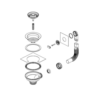 Eksploderet tegning af Skanitek kurveventil/r overløb, viser alle dele til montering.