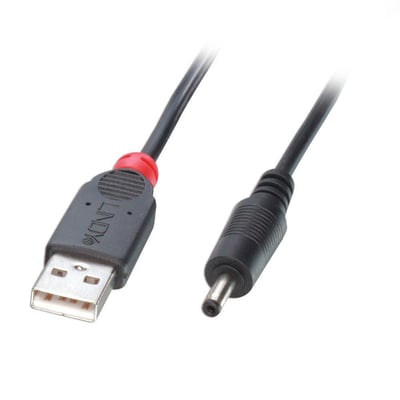 USB 2.0 DC strømkabel på 1,5 meter med USB-A hanstik og DC-stik (Ø3,5mm ydre, Ø1,35mm indre) forsynet med LINDY logo.