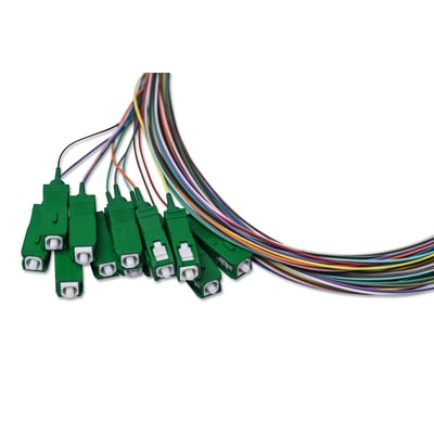 Sæt med 12 pigtails, SingleMode G657A SemiTight, hver 2 meter lang med SC/APC stik og 0,9mm diameter i 12 forskellige farver.