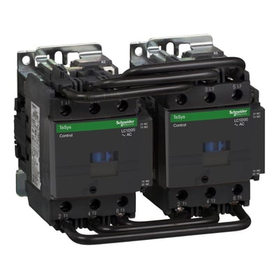 Schneider Electric TeSys D reverseringskontaktor, 95A og 24V AC spole, vist fra siden med to enheder forbundet.