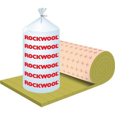 Illustration af Rockwool lamelmåtte, der viser en løs pakket rulle og en udfoldet måtte med mønster.