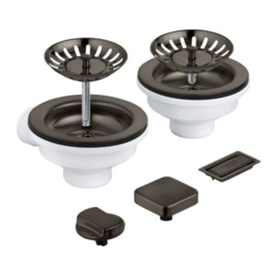 GROHE bundventil til køkkenvask i børstet hard graphite, vist med to ristkurve, dækelementer og manuelt afløbssæt.