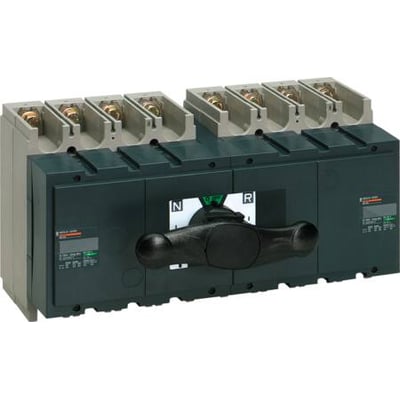 Schneider Electric INS250 4-polet omkobler med 200A og sort håndtag, der viser N og R positioner.