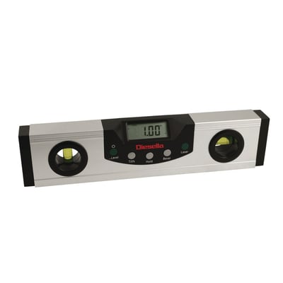 Digitalt vaterpas fra Diesella på 230 mm med krydslaser, LED-lys og digitalt display, set forfra.