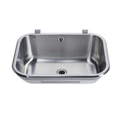 Nærbillede af Intra Juvel vaskekar VK60, viser tydeligt mærket 'intra', den integrerede kugleventil og bundventil.