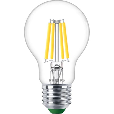 Philips Master Ultra Efficient Standard LED-lyspære med E27-sokkel og klar glasoverflade, viser de gule LED-filamenter indeni.