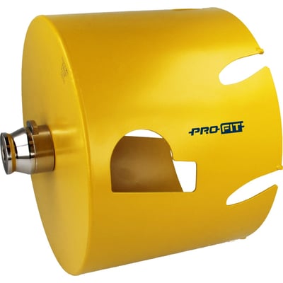 Gul Pro-Fit Multi Purpose HM-hulsav på 232 mm med metaladapter, set skråt fra siden.