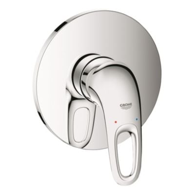 Grohe Eurostyle 1-grebs forplade til bruser i blank krom finish med tydeligt Grohe logo og røde/blå markeringer for temperatur.