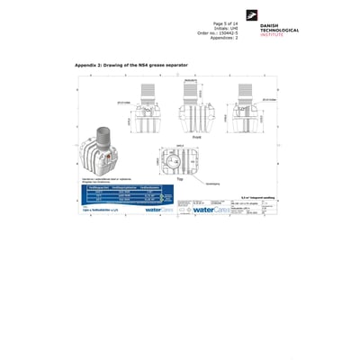 Teknisk tegning af WaterCare 4 l/s Lipo fedtudskiller, der viser dimensioner, til-/afgang og slamfang.