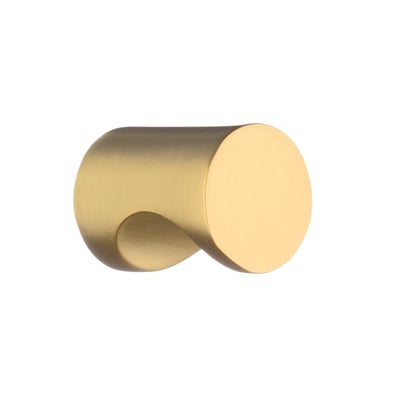 Beslagboden knop i børstet messing, Ø18 mm, med rund front og kort cylindrisk greb set skråt fra siden.