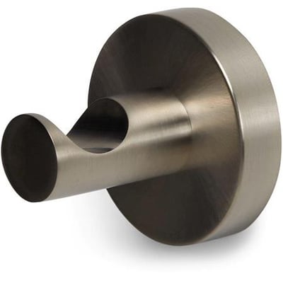 Elegant håndklædekrog i børstet nikkel med en rund sokkel og en buet krog, perfekt til badeværelset.