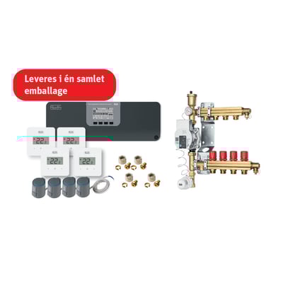 Detalje af Roth shuntUnit og fordeler til gulvvarme med otte koblinger til 20 mm rør.