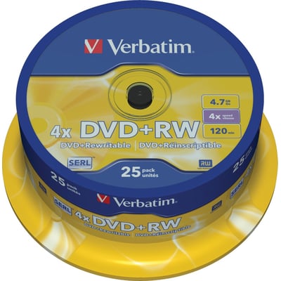 Verbatim DVD+RW-medie på spindel med blå og gul emballage, SERL-lag, 4,7 GB kapacitet og op til 120 minutters optagetid.