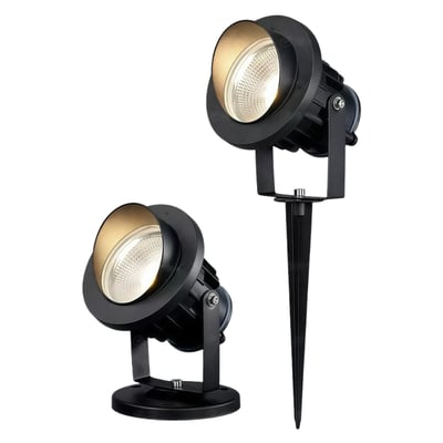 Finish 20W LED havelampe med spyd og lampefod, begge i sort aluminium, hvid baggrund.