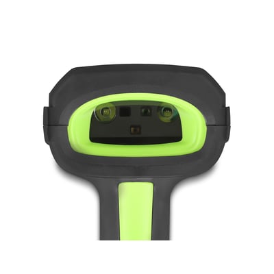 DeLock industriel 1D/2D-scanner i sort og limegrøn, set forfra med det brede scannervindue synligt.