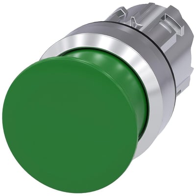 Siemens SIRIUS ACT paddetrykknap, rund, metal, 30mm diameter i skinnende grøn med øvre del i krom.