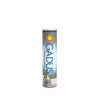 Shell Gadus S2 V220 2 smørefedtpatron på 400g, viser produktnavn og Shell logo på hvid baggrund.