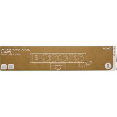 Deltaco OFFICE on-desk power outlet med 5 stikkontakter og 1x21W USB-A/C vist på papkasseemballage.