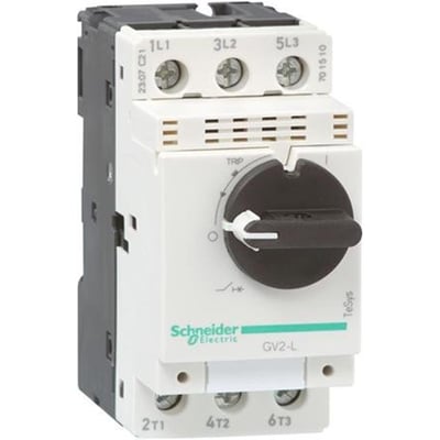 Nærbillede af Schneider Electric TeSys GV2L kortslutningsudløser i hvidt og gråt design, viser 32A indstillingsmulighed og 'TRIP' markering.