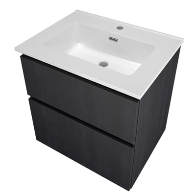 Sanibell Proline møbelsæt i sort eg, 61x46 cm, med hvid porcelænsvask og to integrerede grebsfrie softclose skuffer.