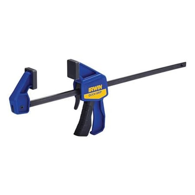 Irwin Quick-Grip mini énhåndstvinge med 300 mm spændvidde og blå/sorte håndtag på hvid baggrund.