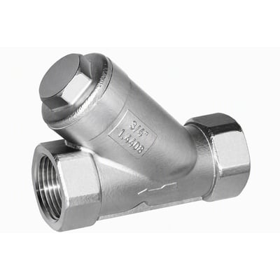MODU Valves Y-Type kontraventil i rustfrit stål med 1 1/4" gevind, vist skråt forfra med gevindender og ventilhætte synlige.