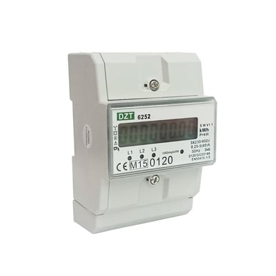 3-faset kWh-måler DZT 6252 med LCD display og 80A kapacitet, viser MID verifikation og pulsudgang.