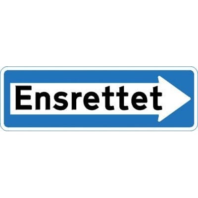 Oplysningstavle E19 til ensrettet kørsel mod højre, med sort tekst og hvid pil på blå bund.