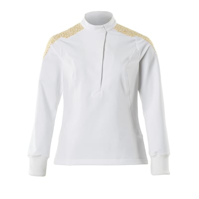 Mascot Busseronne 20062 dame i hvid med guldfarvet mønster på skuldrene. Den har rib ved håndled og skjulte trykknapper.