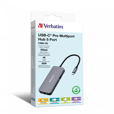 Verbatim USB-C Pro Multiport Hub CMH-05 i grå med tekst der angiver 5Gbps, USB 3.2 Gen 1, 4K HDMI og 85W USB Power Delivery.