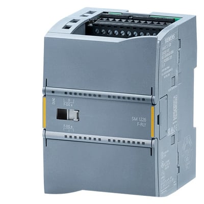 Siemens S7-1200 relæ output SM 1226 F-DQ 2X RLY 5A, Profisafe, set fra venstre med 75mm bredde og terminaler synlige.