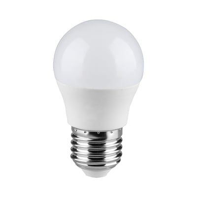 Hvid V-TAC LED-kronepære i G45-format med rund lysflade og blank E27-fatning, 6,5 W og 600 lumen.