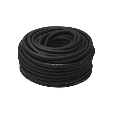 Sort flextrykluftslange i en tæt rulle på 50 meter, med tydelig mærkning 'SUPER FLEX HOSE 20 BAR'.