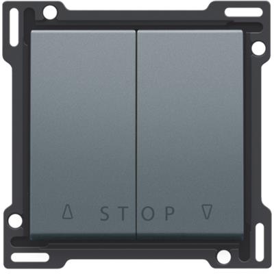 Niko tangent til jalousiafbryder i steel grey, vist med op-, ned- og stop-symboler, monteret i sort ramme.