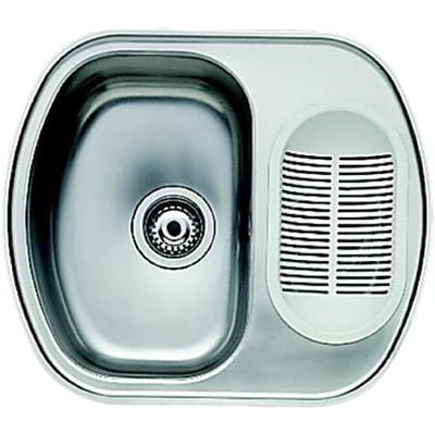 Ifö Concert C46-560 K køkkenvask i rustfrit stål med en integreret afløbsbakke i hvid plast.