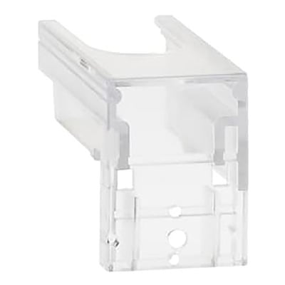 ABB terminalafdækning OTS 125T1, 1-polet og transparent, viser snap-on funktionen og designet af plastik.