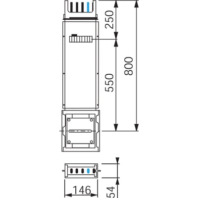 Schneider Electric Canalis KSA lige stigerør 100A, 0,8m. Tekniske mål viser 250mm, 550mm og 800mm i højden samt 146mm og 54mm i bredden.