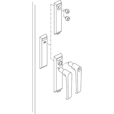 Eksploderet tegning af Schneider Electric lås med 8 mm trekantnøgle og tilbehør, viser monteringselementer og håndtag.