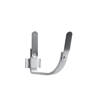 Galvaniseret konsoljern med zinkfjeder, 12" x 25/5 mm, 1/2-rund, vist fra siden med monteringsplade og justerbar klemme.