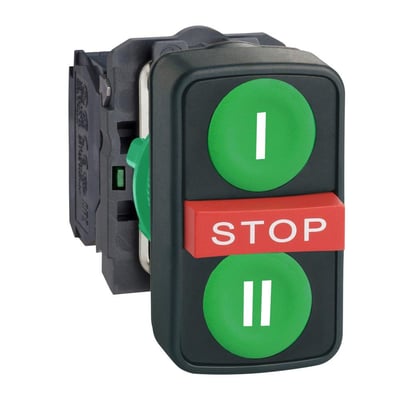 Schneider Electric tredobbelt trykknap med "I" og "II" på grønne startknapper og rød STOP-knap, 22mm, Harmony XB5 serie.