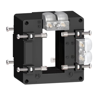Schneider Electric strømtrafo CT 600/5A med dual output, viser dens robuste sorte kabinet og metalfastgørelsesskruer.