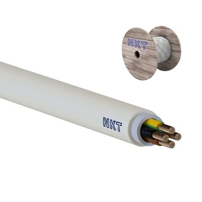 NKT NOIKX Flex-installationskabel 4 x 95 mm² med lysegrå kappe, vist med afisoleret ende og kabelrulle.