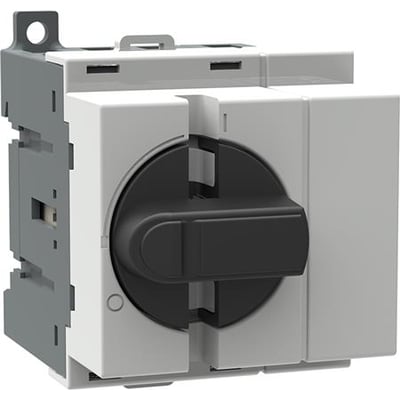 ABB 4-polet lastafbryder på 40A, modulært design med sort drejegreb for DIN-skinnemontage og aflåsning i OFF-position.