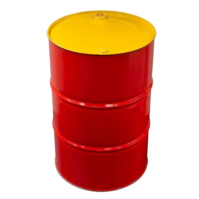 Shell Omala S2 GX 320 gearolie i en 209L rød ståltønde med gul top, med Shell-logo tydeligt synligt på toppen.